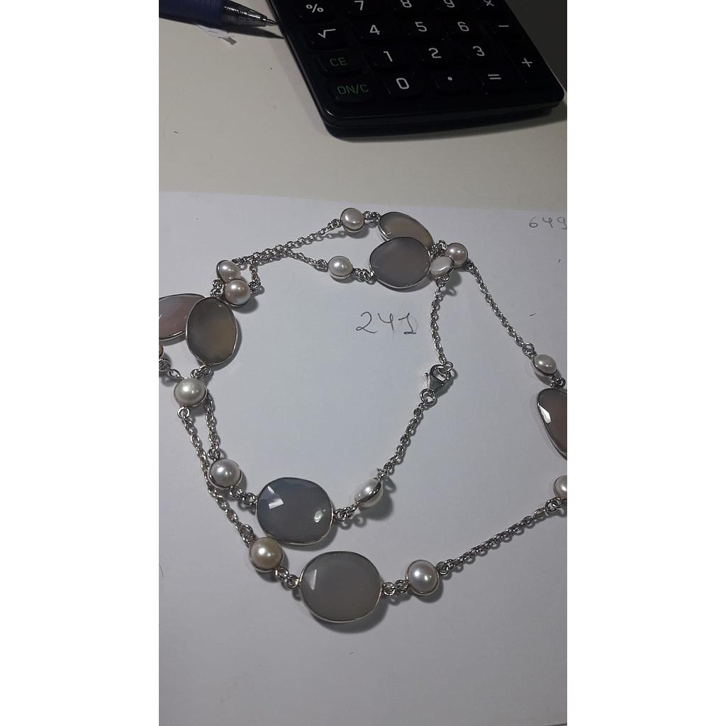 Cadena Plata Larga Perla Blan. Piedra Luna 80 cm. 241