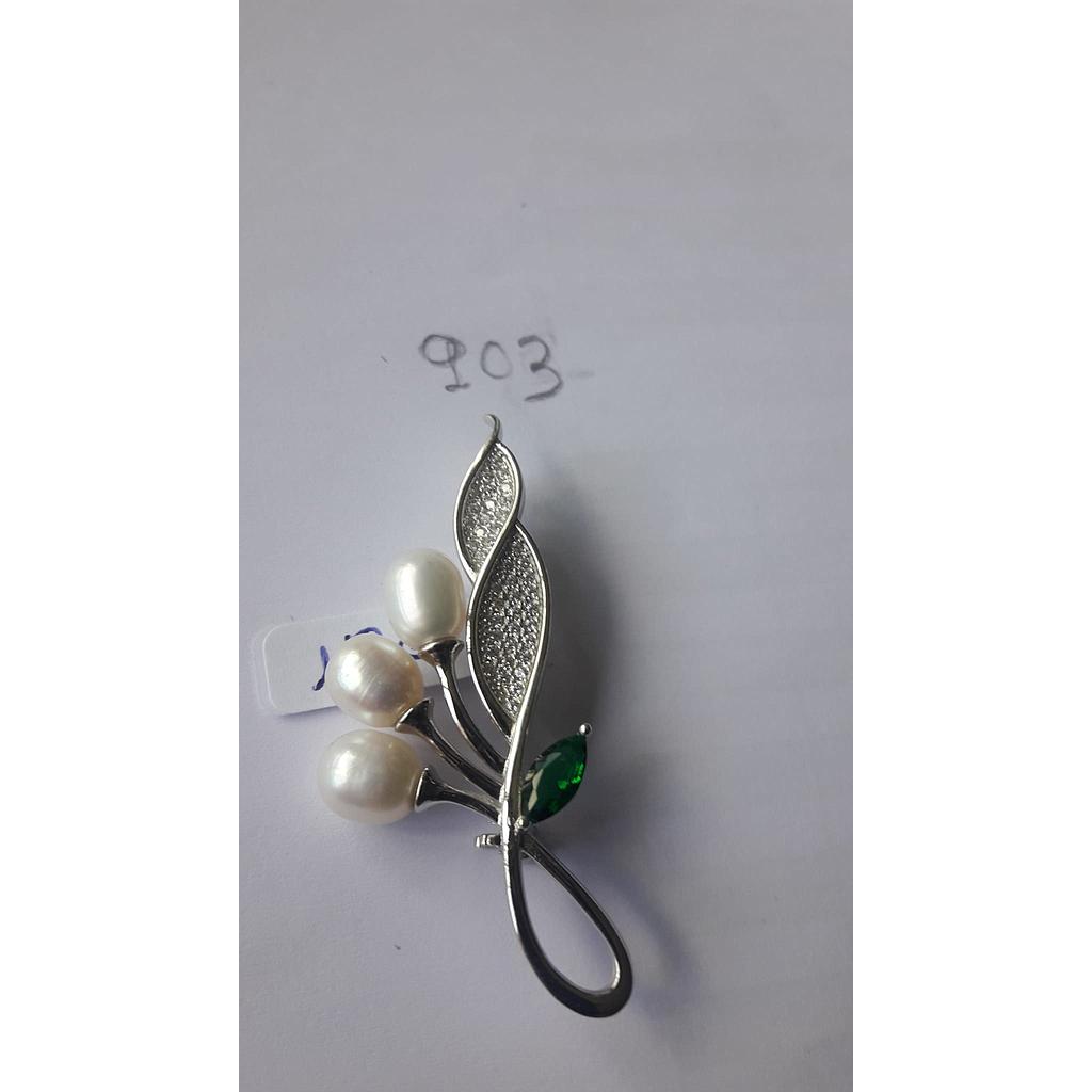 Broche Plata Zirconita Ramillete Hojas Perla, Esm. 903