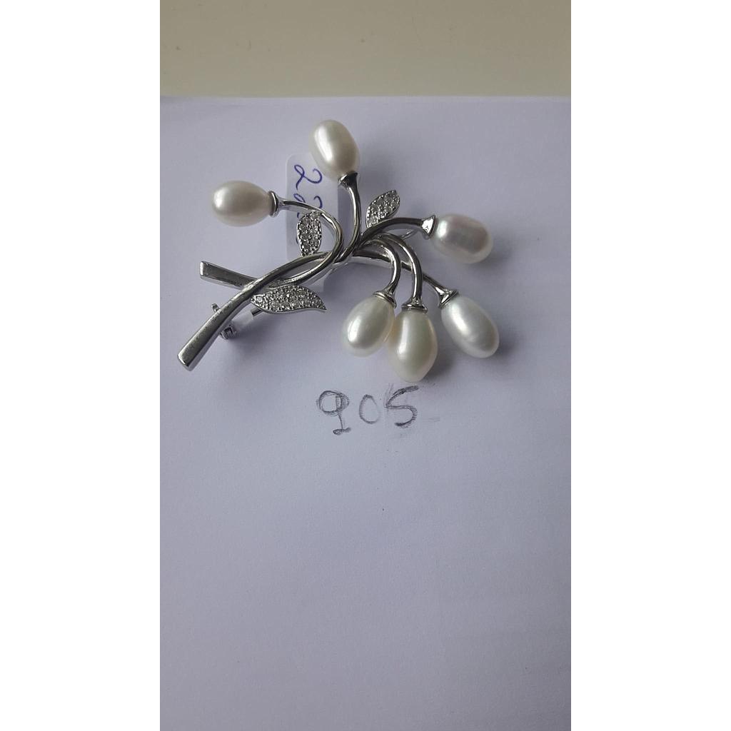 Broche Plata Zirconita Ramillete Hojas 5 Perlas 905